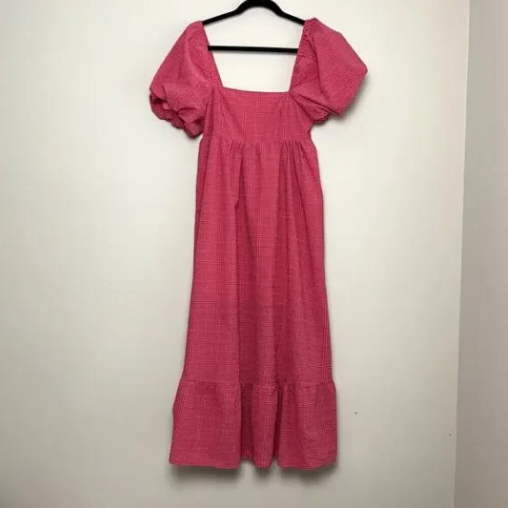 Storia Puff Sleeve Textured Square neck Tiered Smocked‎ Cottagecore Midi Dress S